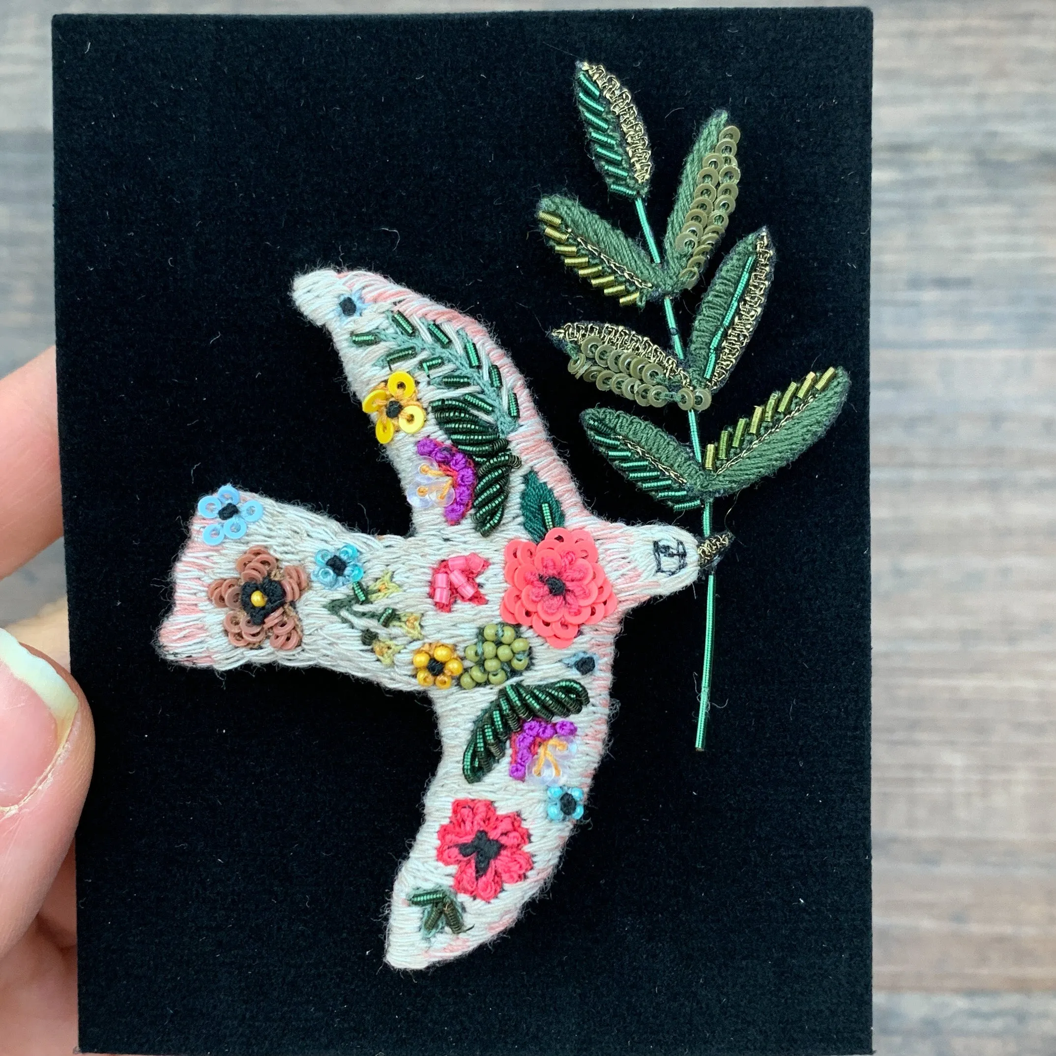 Peace Dove Hand Embroidered Beaded Brooch