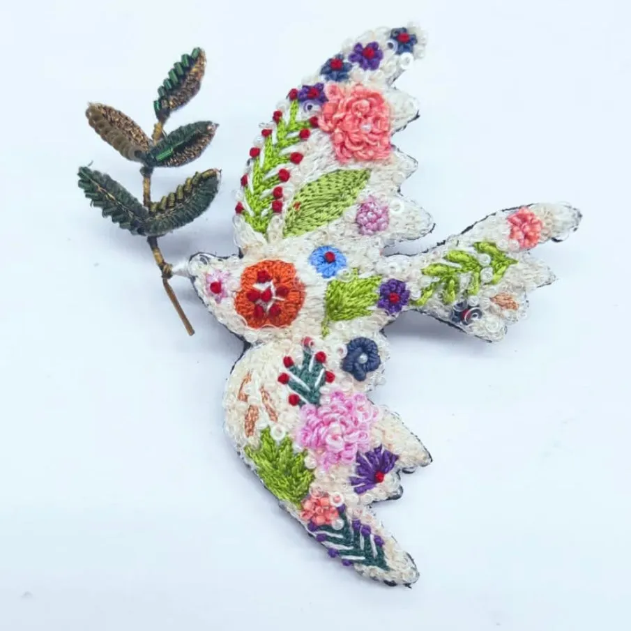 Peace Dove Hand Embroidered Beaded Brooch