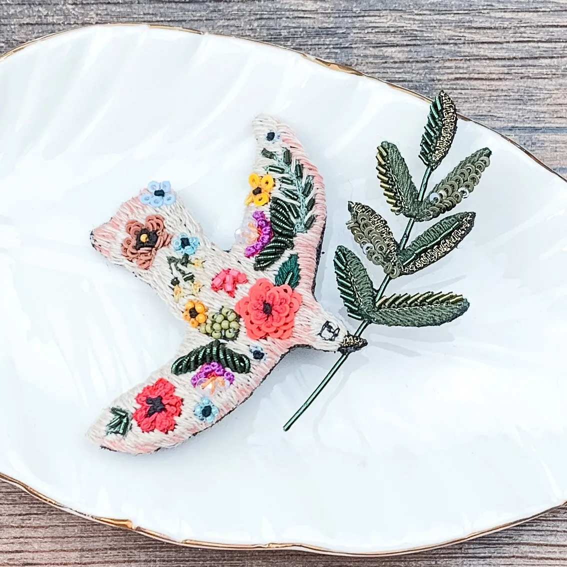 Peace Dove Hand Embroidered Beaded Brooch