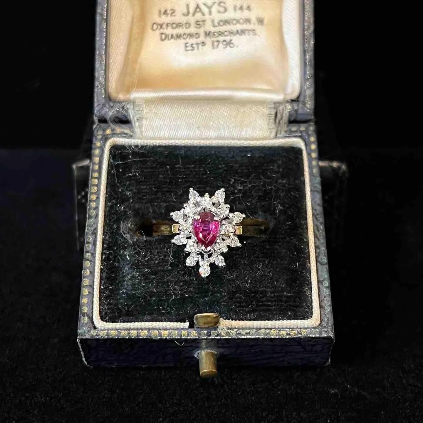 Pear Shape Ruby and Diamond Cluster Ring