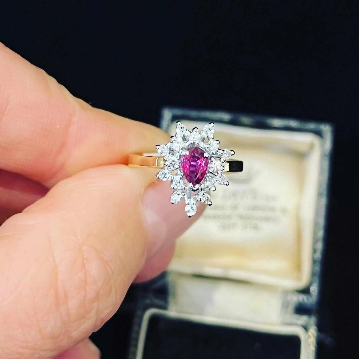 Pear Shape Ruby and Diamond Cluster Ring