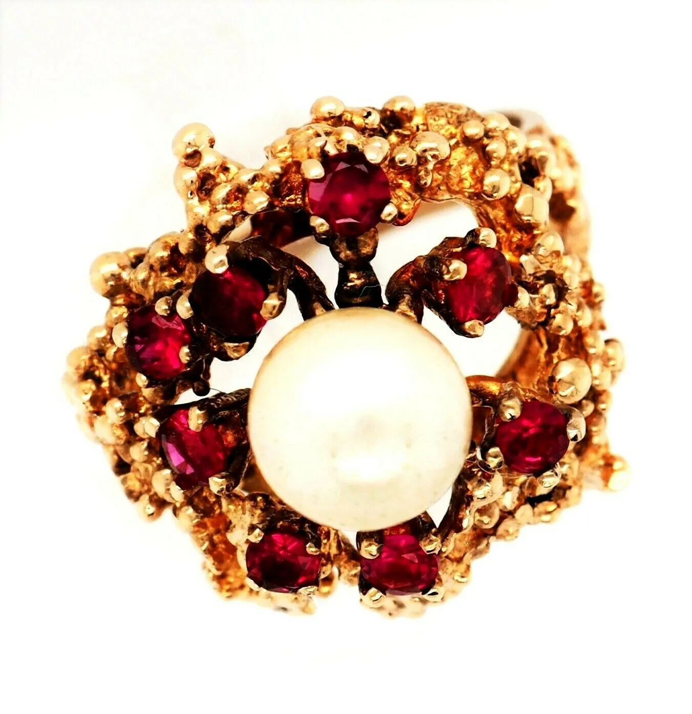 Pearl & Ruby Dress Ring 9ct Yellow Gold Fine Vintage Jewellery Band Size O 1/2