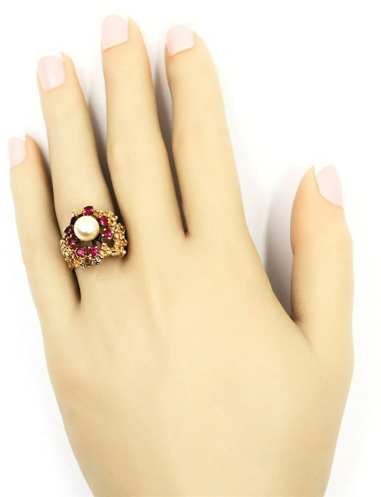 Pearl & Ruby Dress Ring 9ct Yellow Gold Fine Vintage Jewellery Band Size O 1/2