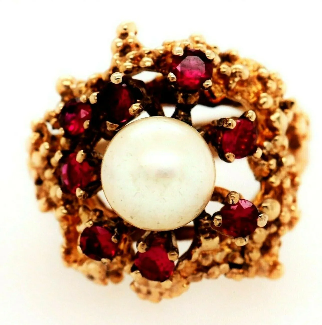 Pearl & Ruby Dress Ring 9ct Yellow Gold Fine Vintage Jewellery Band Size O 1/2