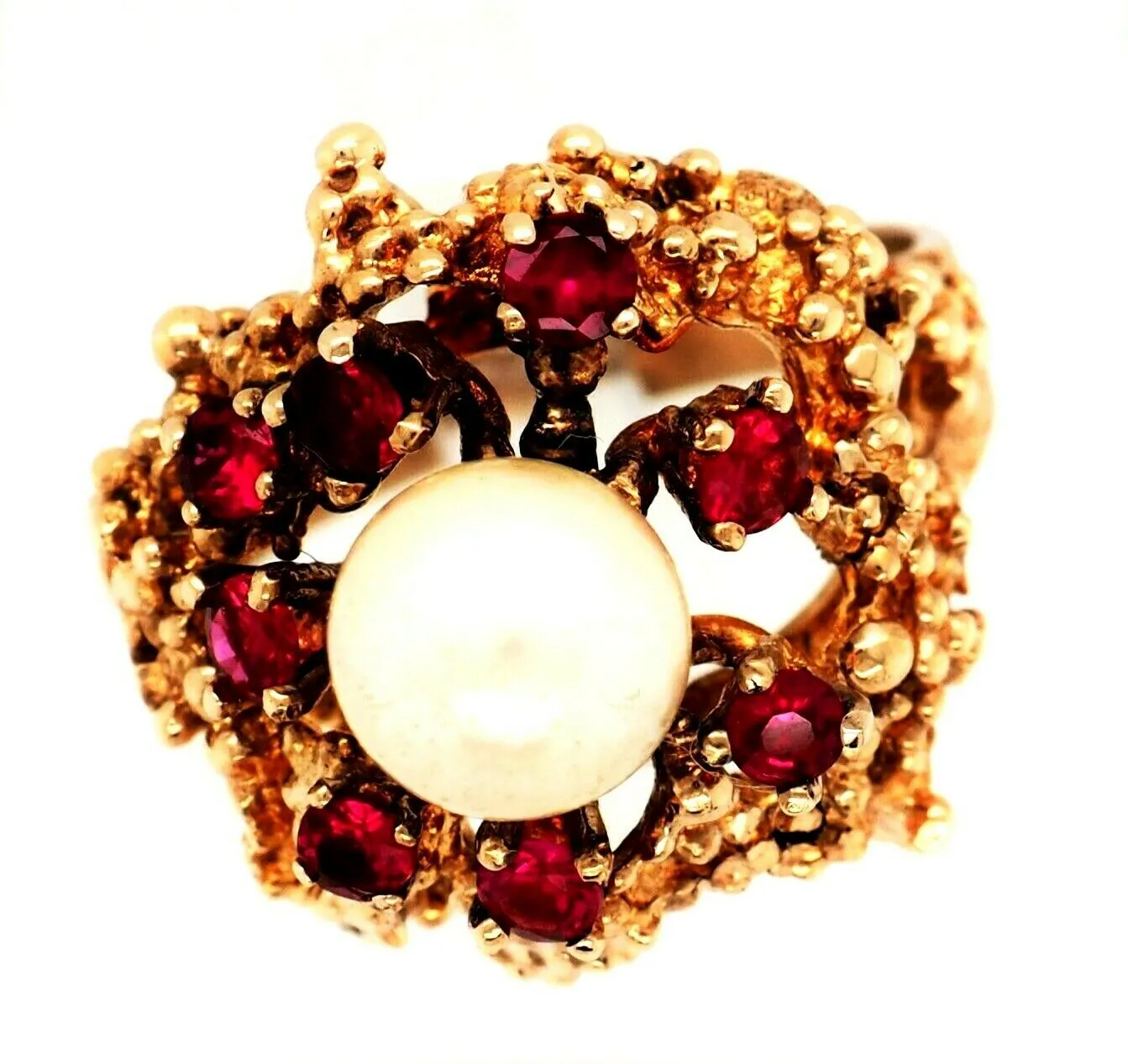 Pearl & Ruby Dress Ring 9ct Yellow Gold Fine Vintage Jewellery Band Size O 1/2