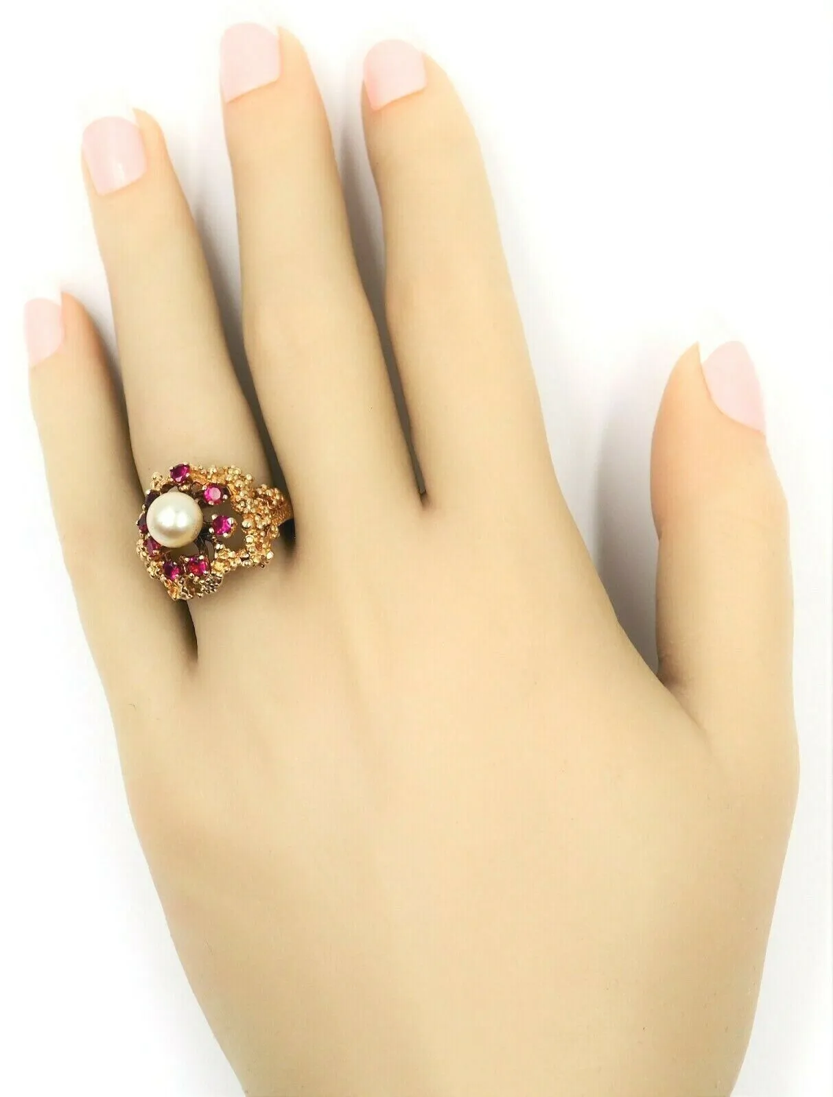 Pearl & Ruby Dress Ring 9ct Yellow Gold Fine Vintage Jewellery Band Size O 1/2