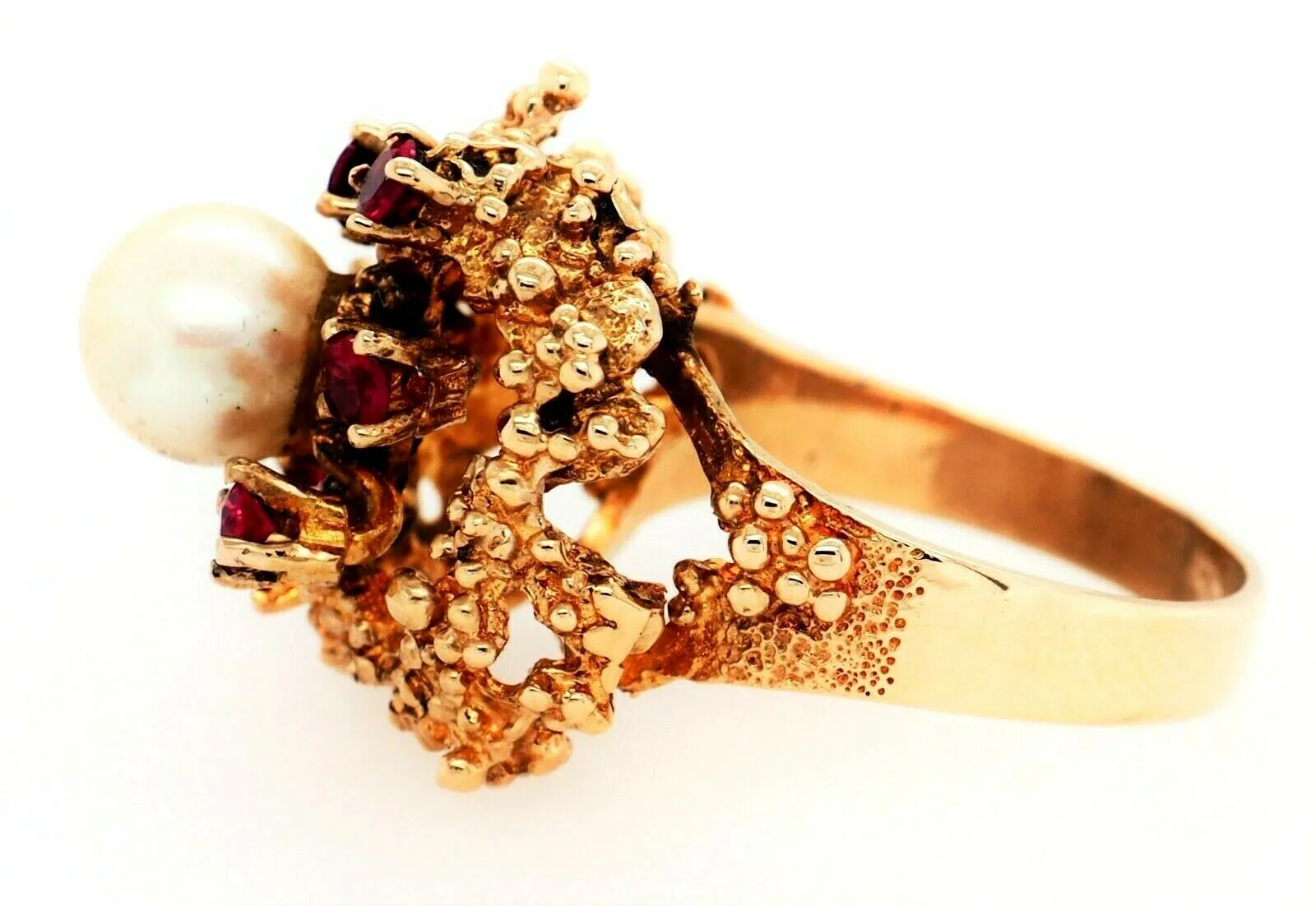 Pearl & Ruby Dress Ring 9ct Yellow Gold Fine Vintage Jewellery Band Size O 1/2