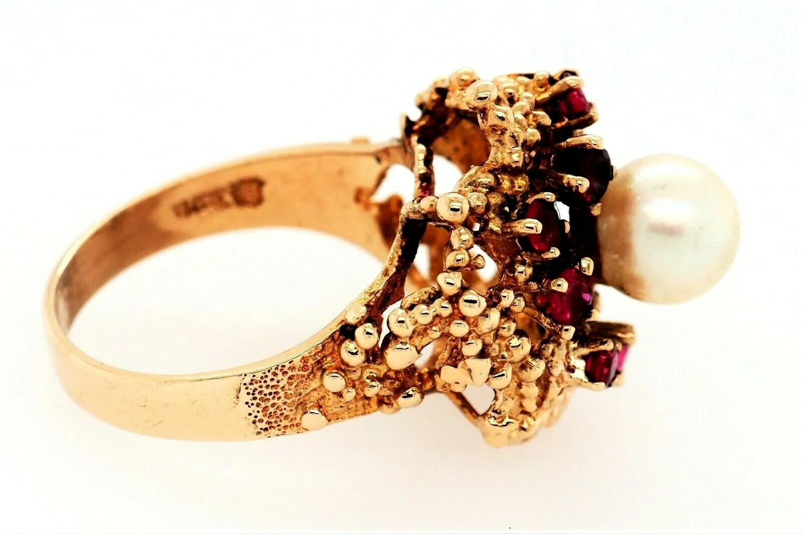 Pearl & Ruby Dress Ring 9ct Yellow Gold Fine Vintage Jewellery Band Size O 1/2