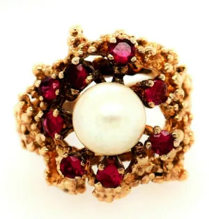 Pearl & Ruby Dress Ring 9ct Yellow Gold Fine Vintage Jewellery Band Size O 1/2