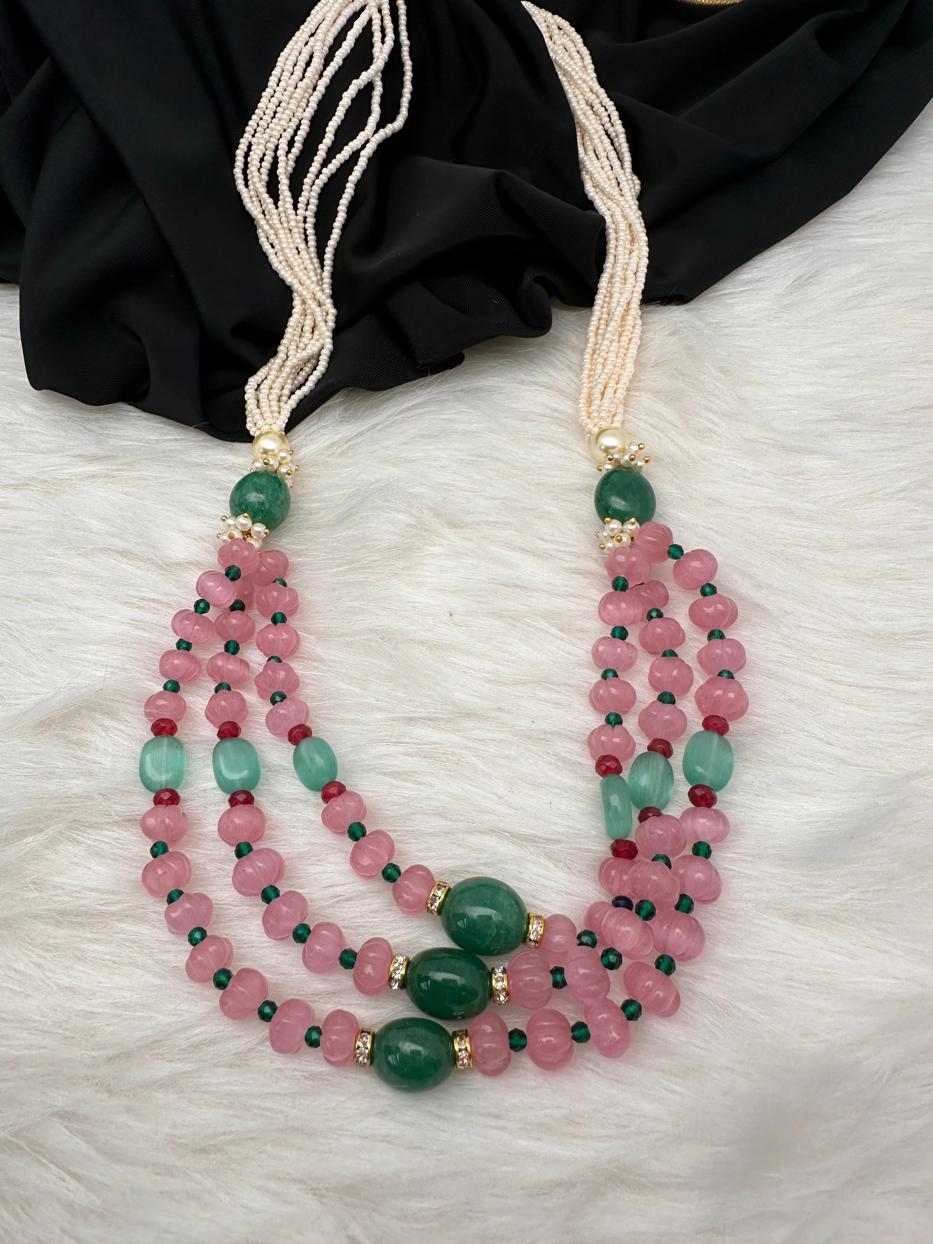 Pink Pumpkin Beads and Green Beads Multi Layer Necklace