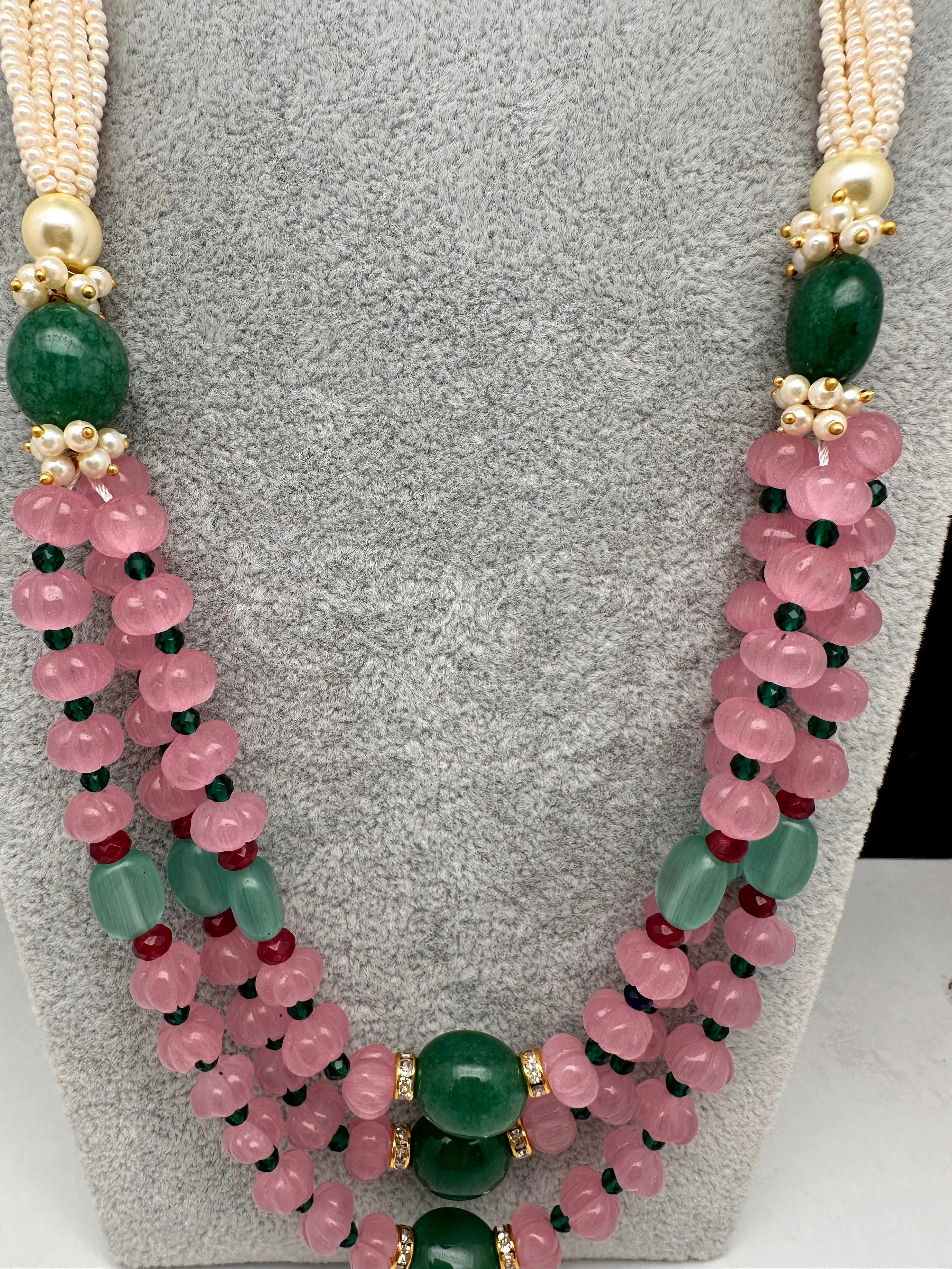 Pink Pumpkin Beads and Green Beads Multi Layer Necklace