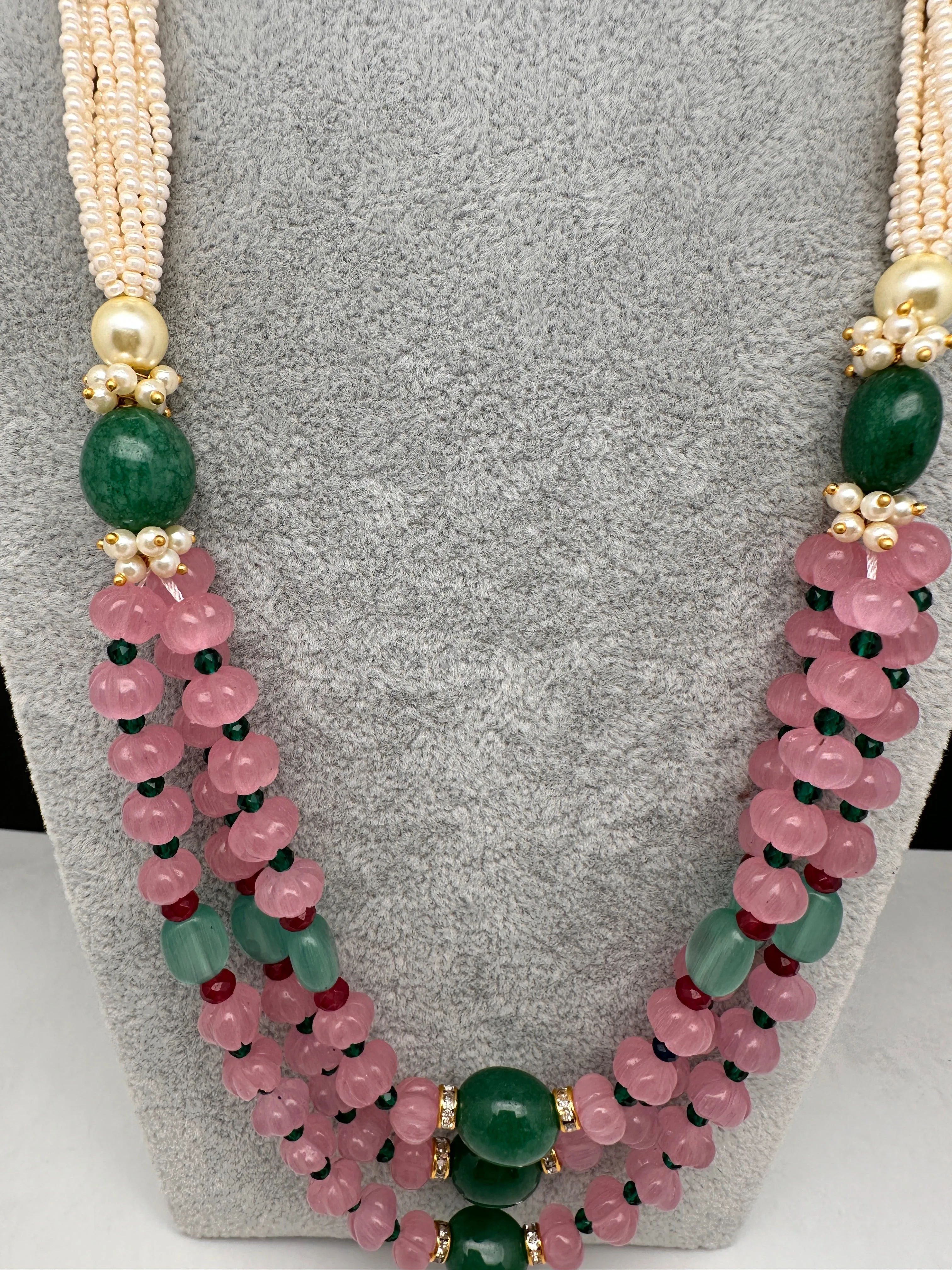Pink Pumpkin Beads and Green Beads Multi Layer Necklace