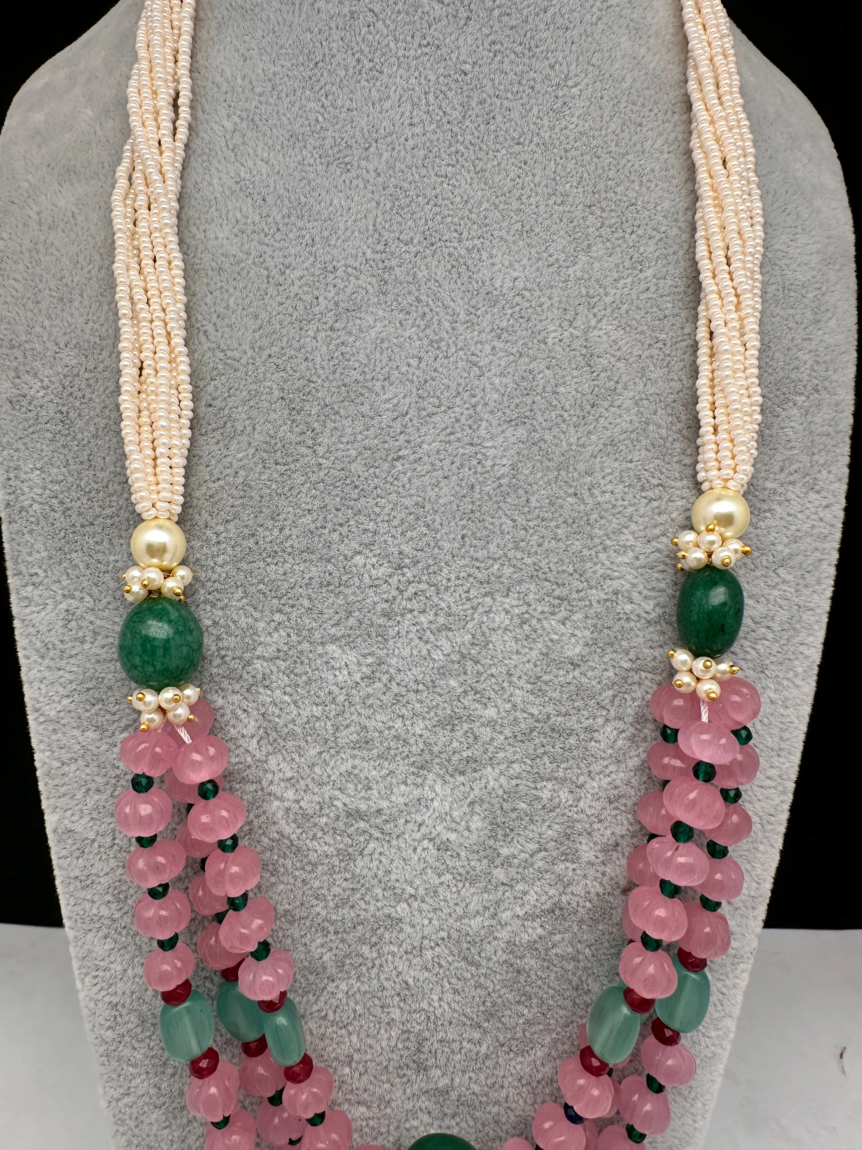 Pink Pumpkin Beads and Green Beads Multi Layer Necklace