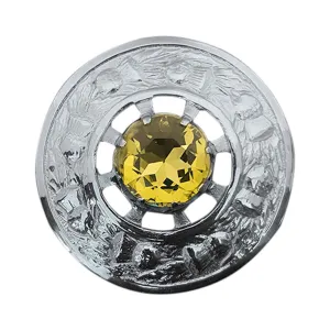 Plaid Brooch Amber Stone Round Thistle Flower