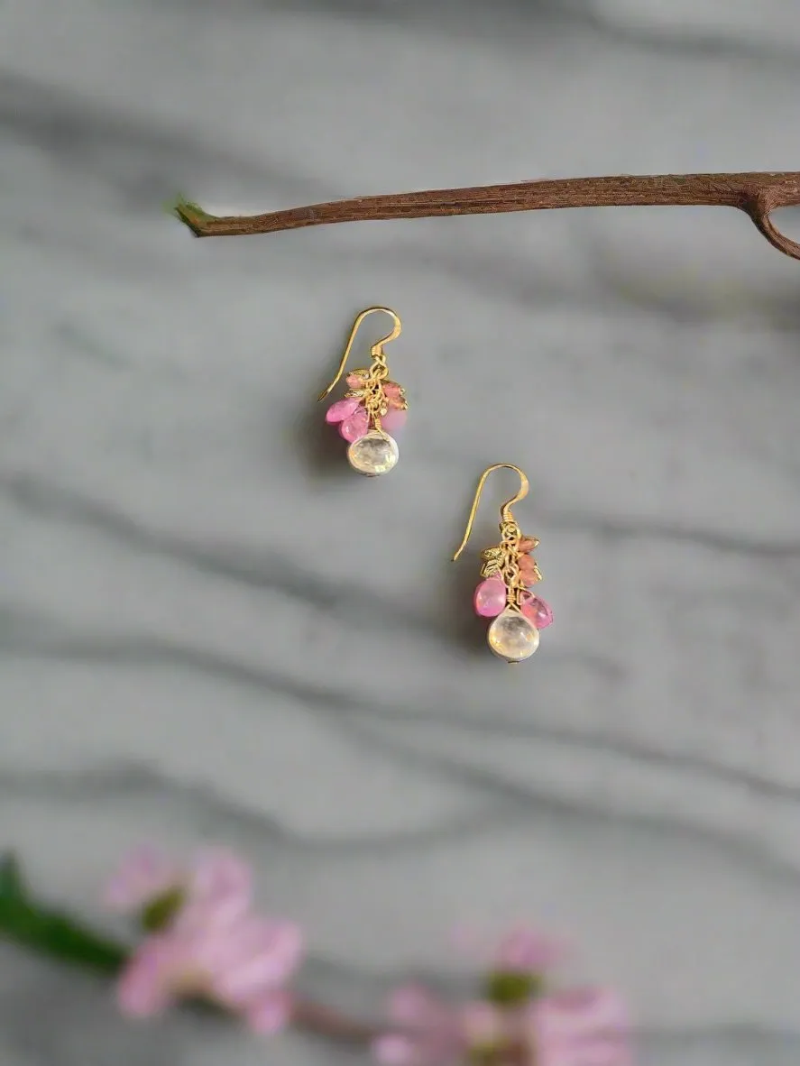 Pom Jewelry Rose Quartz and Pink Sapphire Earrings in Gold Fill- PERQ4