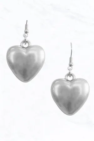 Puffy Metal Heart Dangle Earrings in Silver