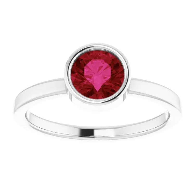 Rhodium-Plated Sterling Silver 6 mm Imitation Ruby Ring