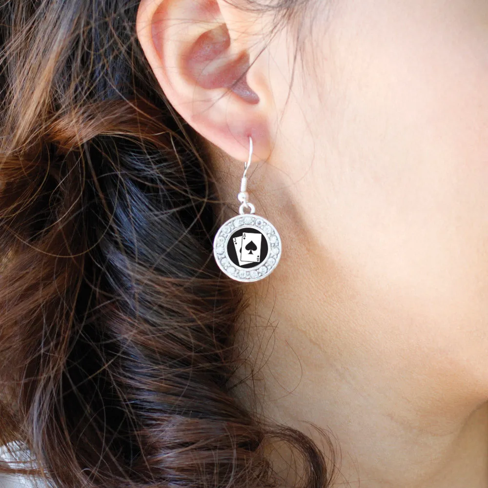 Silver Blackjack Circle Charm Dangle Earrings