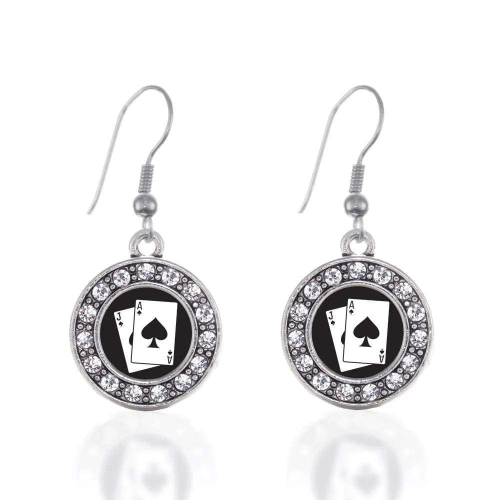 Silver Blackjack Circle Charm Dangle Earrings