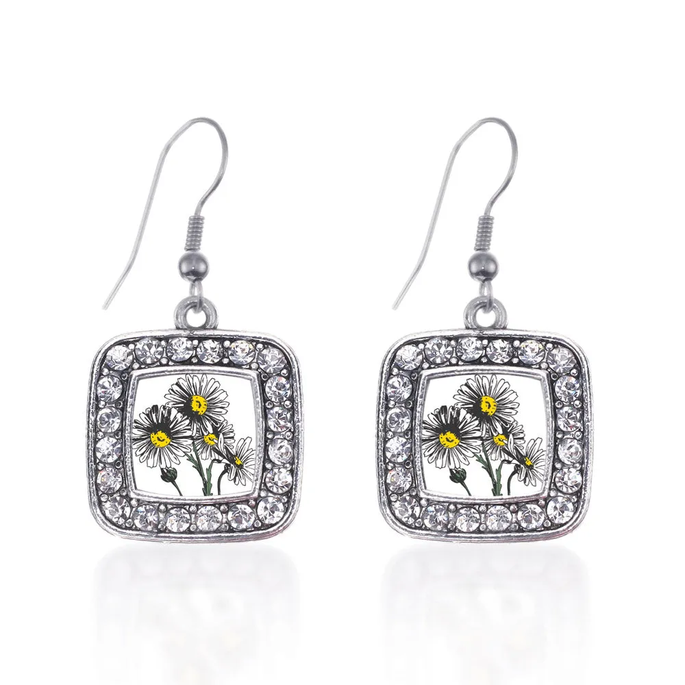 Silver Daisy Flower Square Charm Dangle Earrings