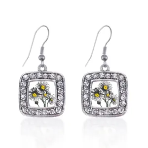 Silver Daisy Flower Square Charm Dangle Earrings