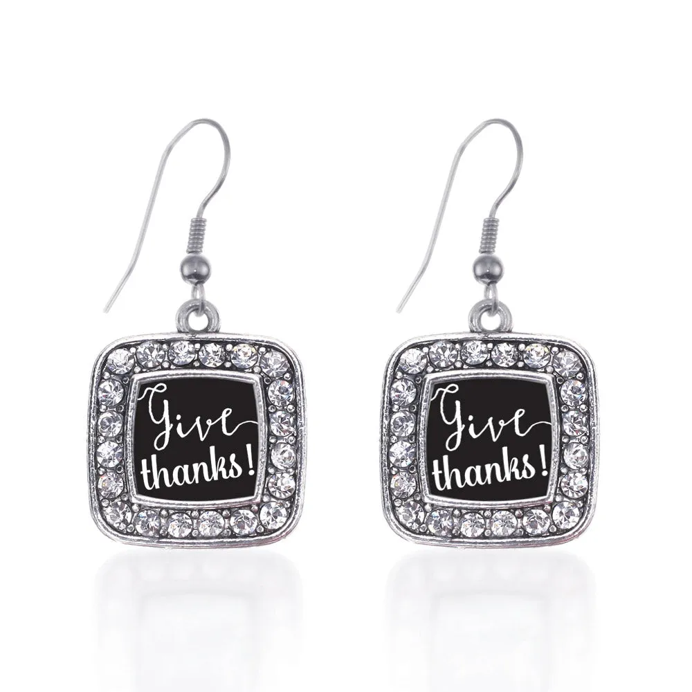 Silver Give Thanks Square Charm Dangle Earrings