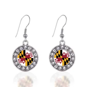 Silver Maryland Flag Circle Charm Dangle Earrings