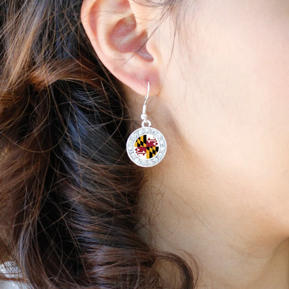 Silver Maryland Flag Circle Charm Dangle Earrings