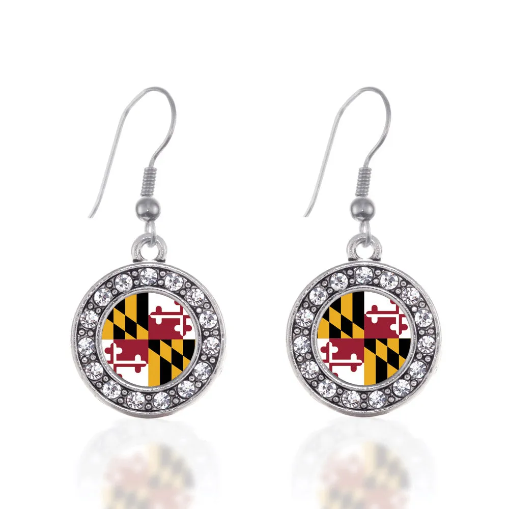 Silver Maryland Flag Circle Charm Dangle Earrings