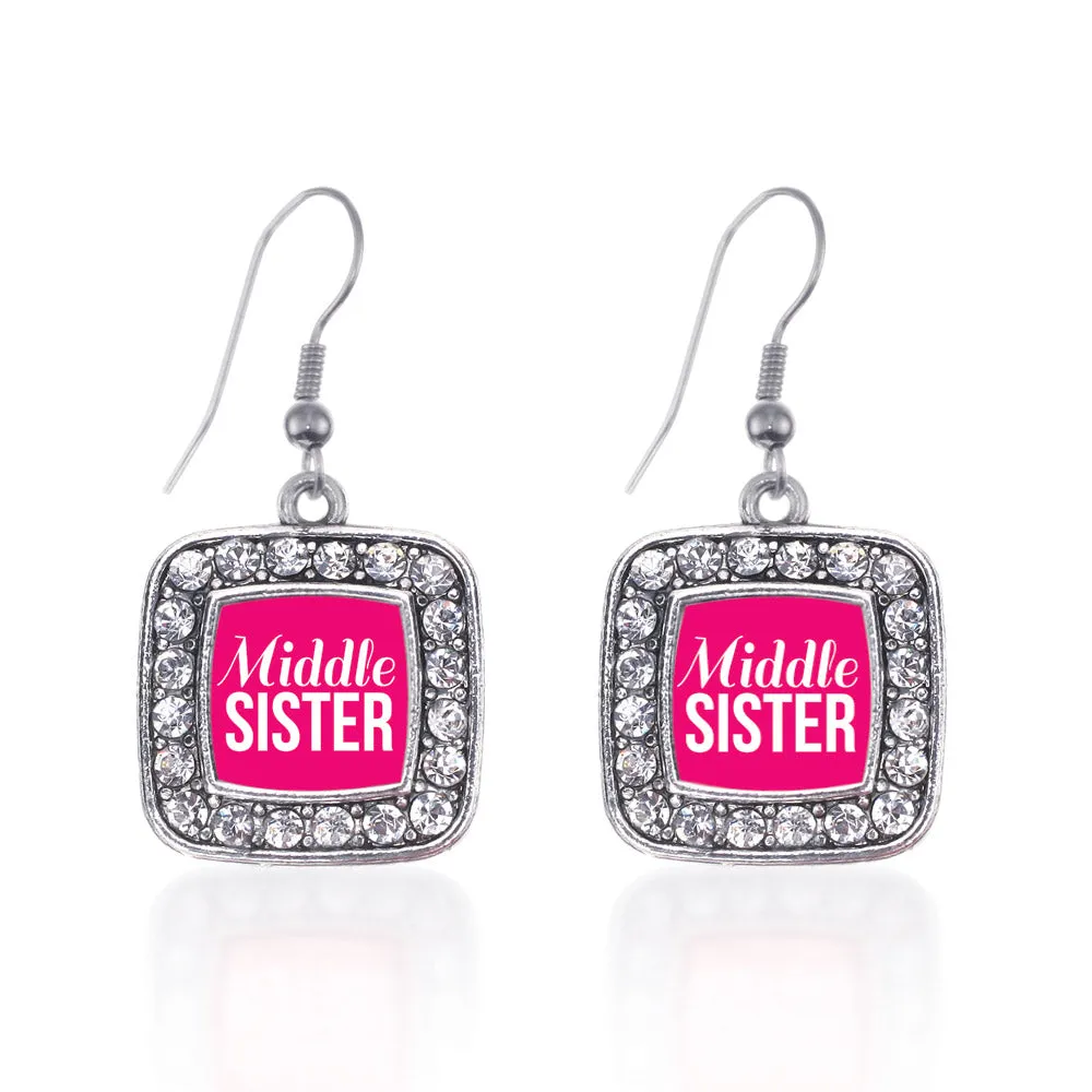 Silver Middle Sister Square Charm Dangle Earrings