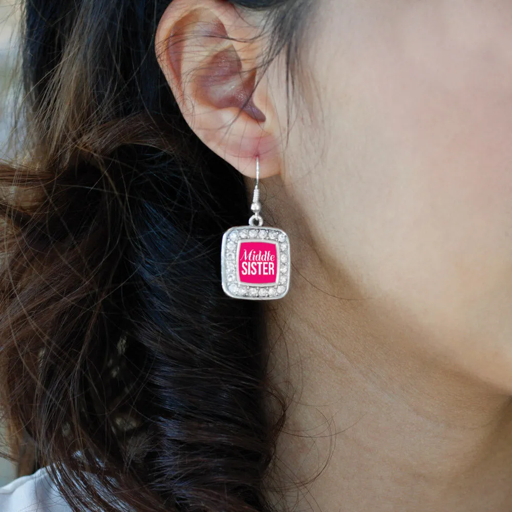 Silver Middle Sister Square Charm Dangle Earrings
