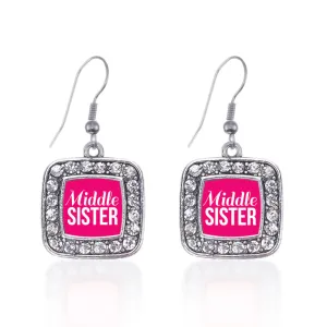 Silver Middle Sister Square Charm Dangle Earrings