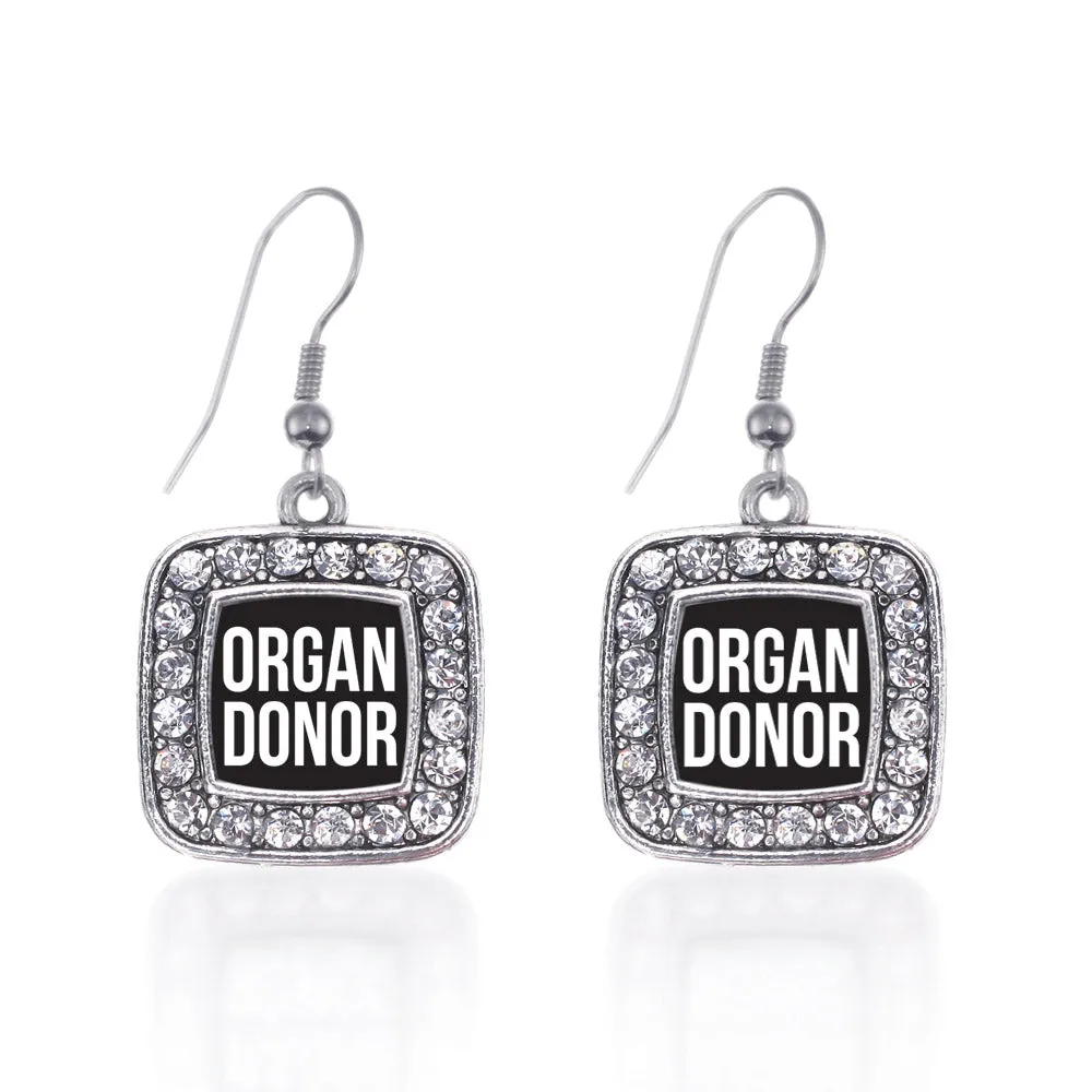 Silver Organ Donor Black Square Charm Dangle Earrings