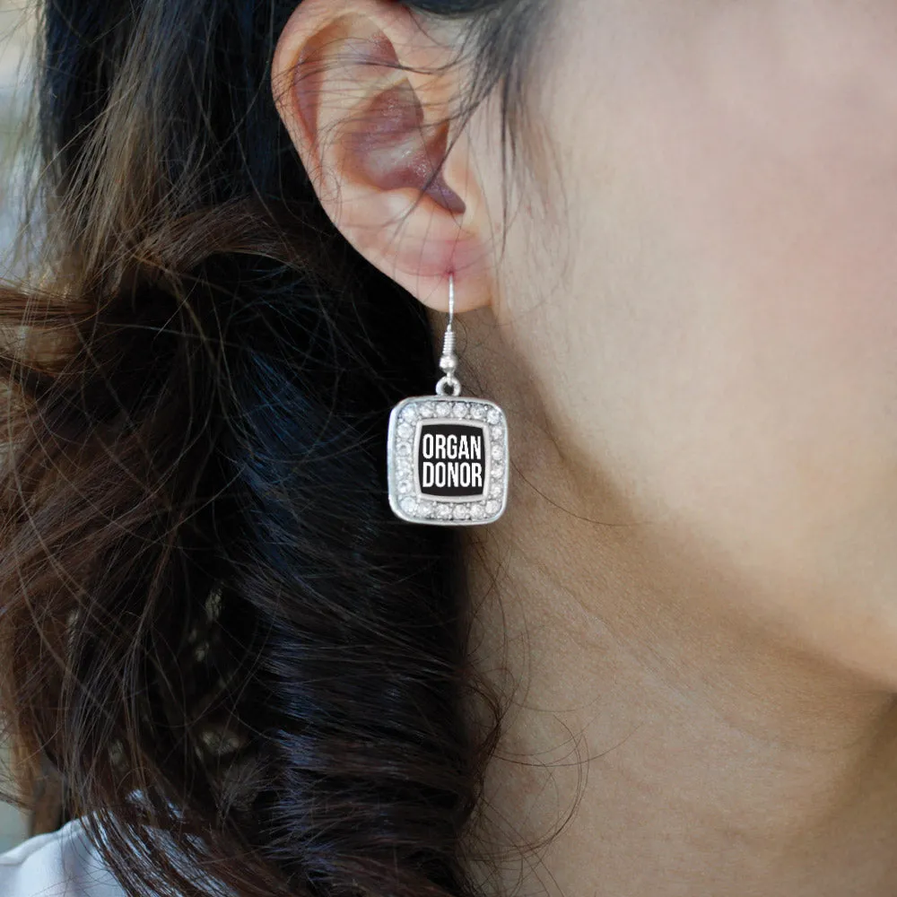 Silver Organ Donor Black Square Charm Dangle Earrings