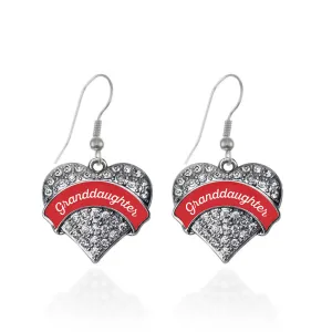 Silver Red Granddaughter Pave Heart Charm Dangle Earrings