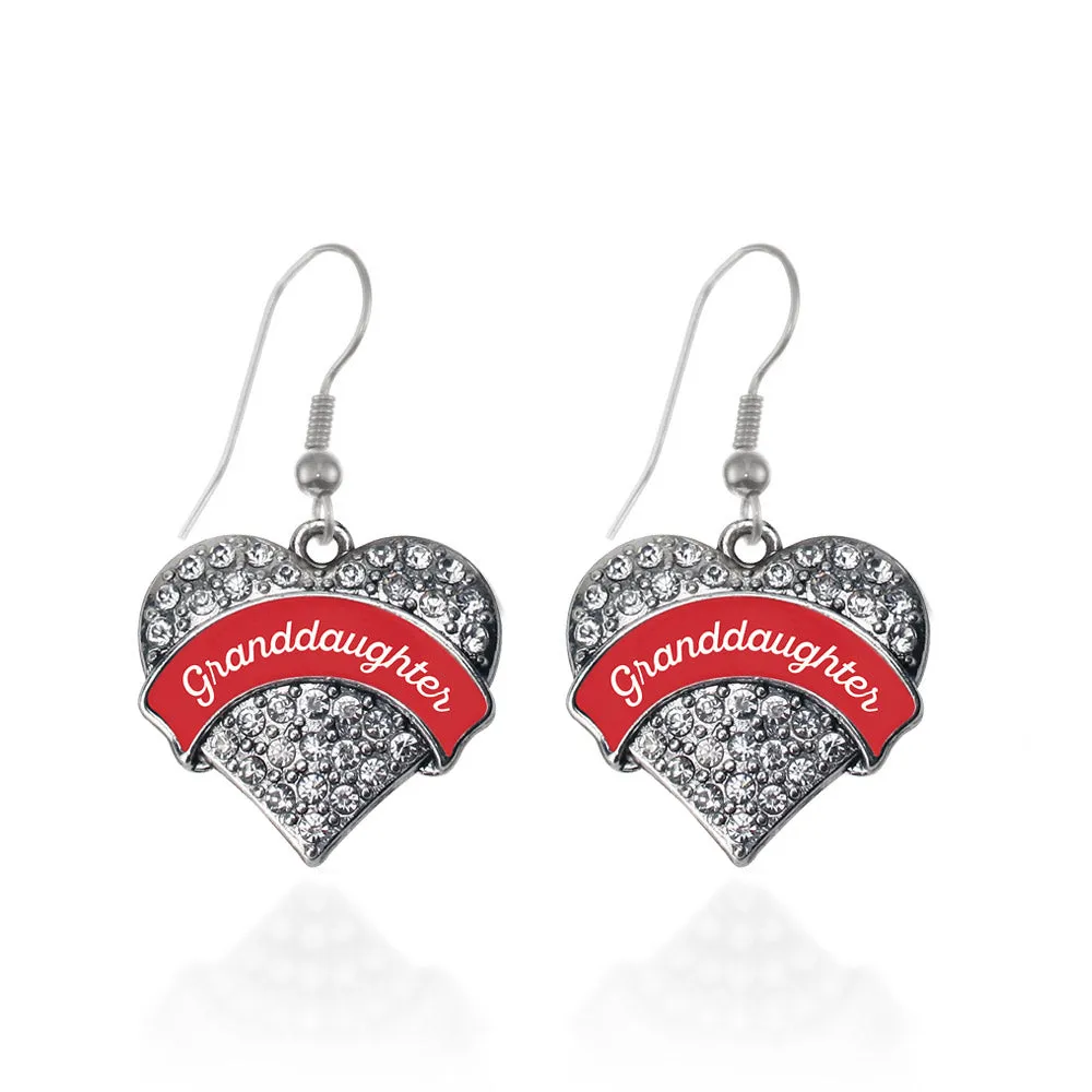 Silver Red Granddaughter Pave Heart Charm Dangle Earrings