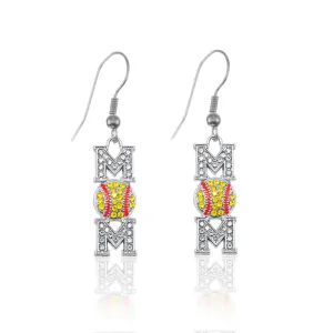 Silver Softball Mom Charm Dangle Earrings