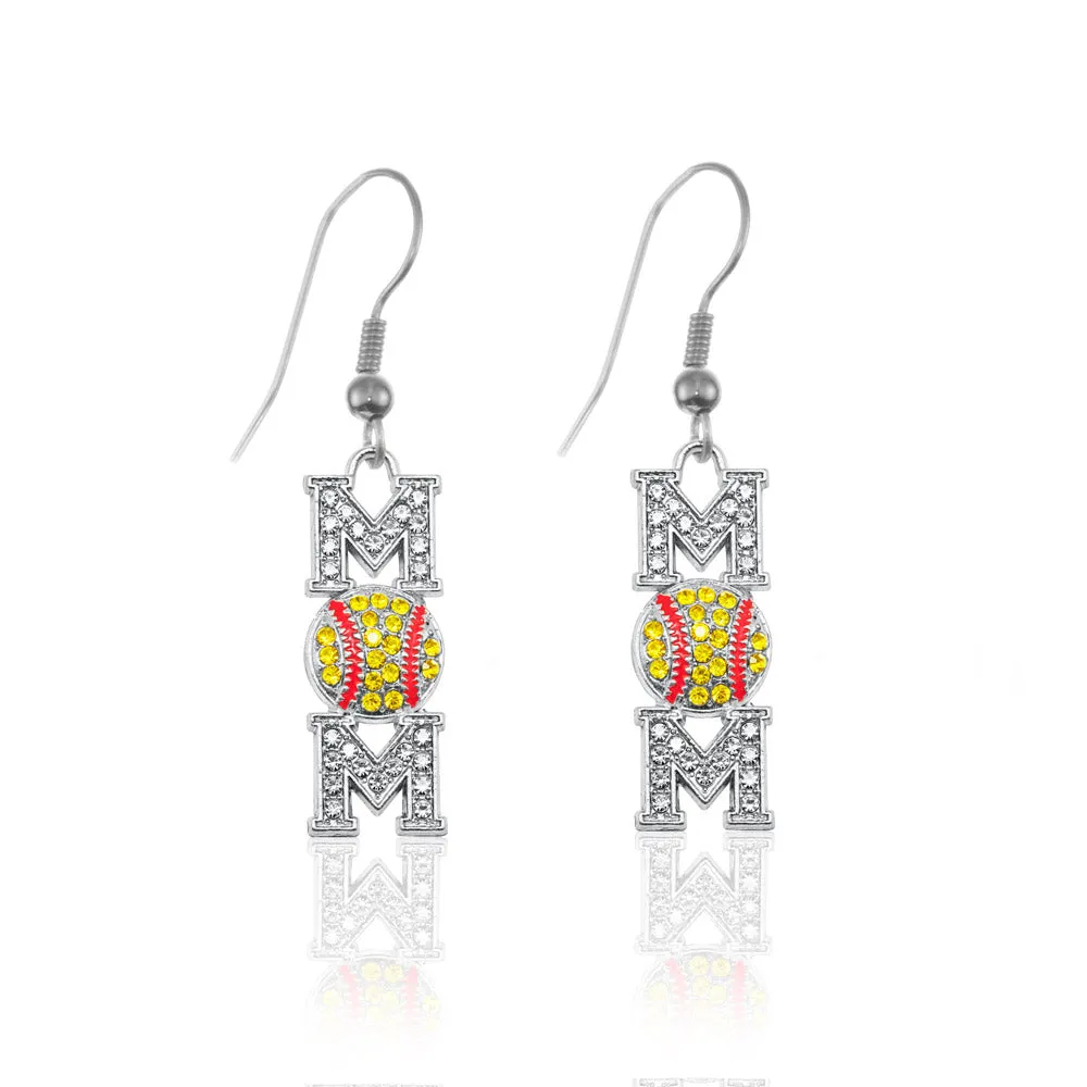 Silver Softball Mom Charm Dangle Earrings