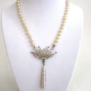 Silver-Tone Faux Pearl and Rhinestone Crown Necklace