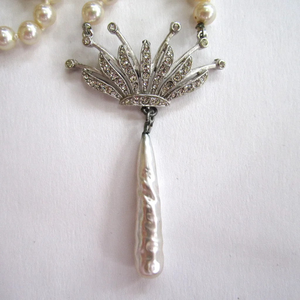 Silver-Tone Faux Pearl and Rhinestone Crown Necklace