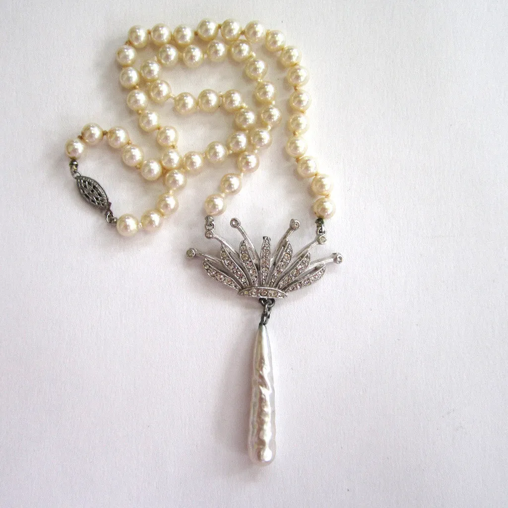 Silver-Tone Faux Pearl and Rhinestone Crown Necklace
