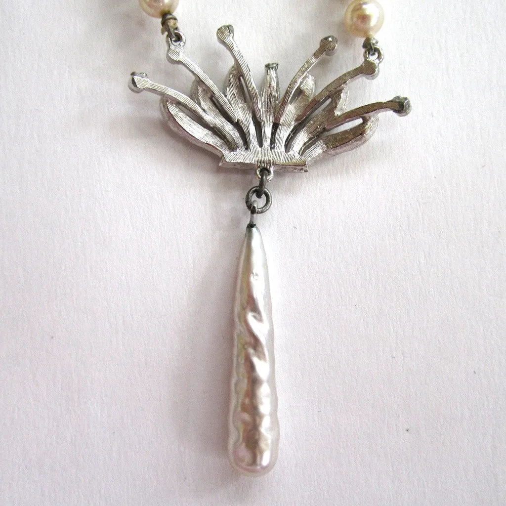 Silver-Tone Faux Pearl and Rhinestone Crown Necklace
