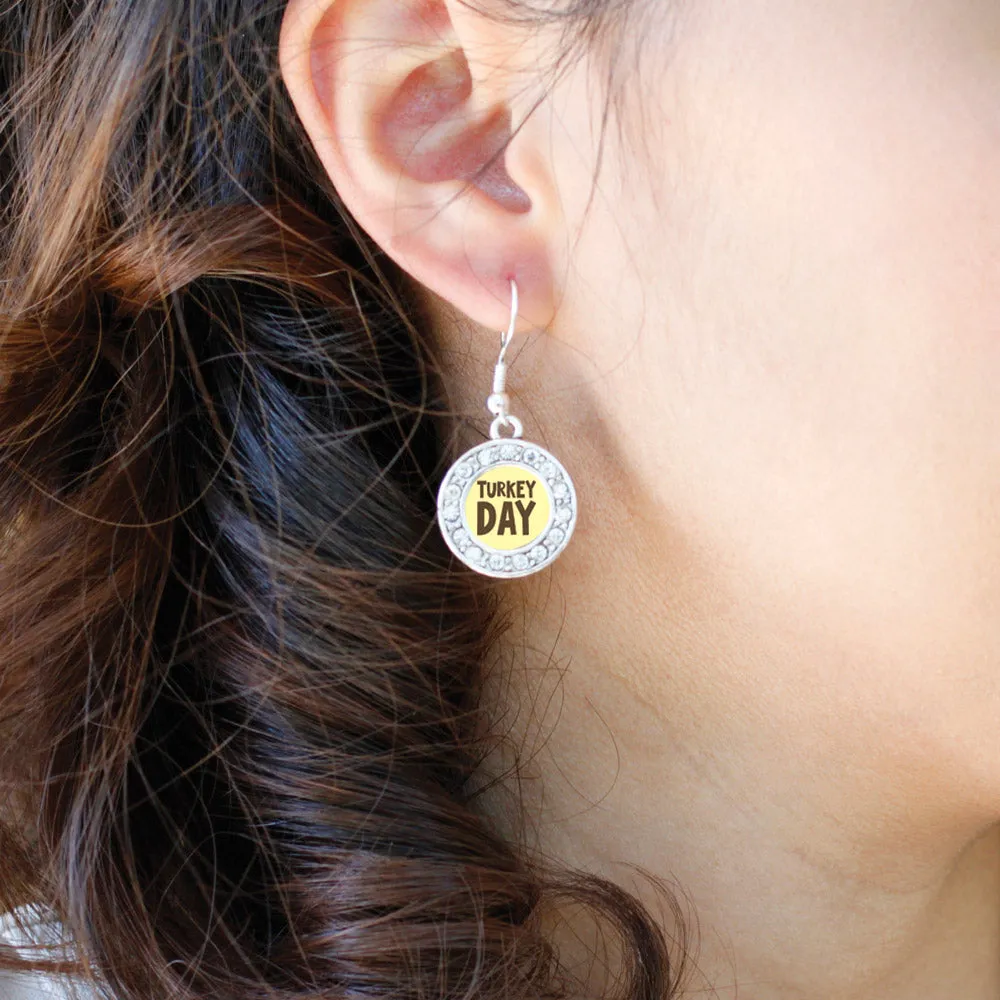 Silver Turkey Day Circle Charm Dangle Earrings