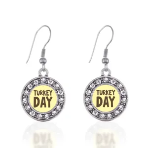 Silver Turkey Day Circle Charm Dangle Earrings