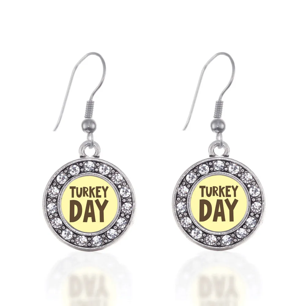Silver Turkey Day Circle Charm Dangle Earrings