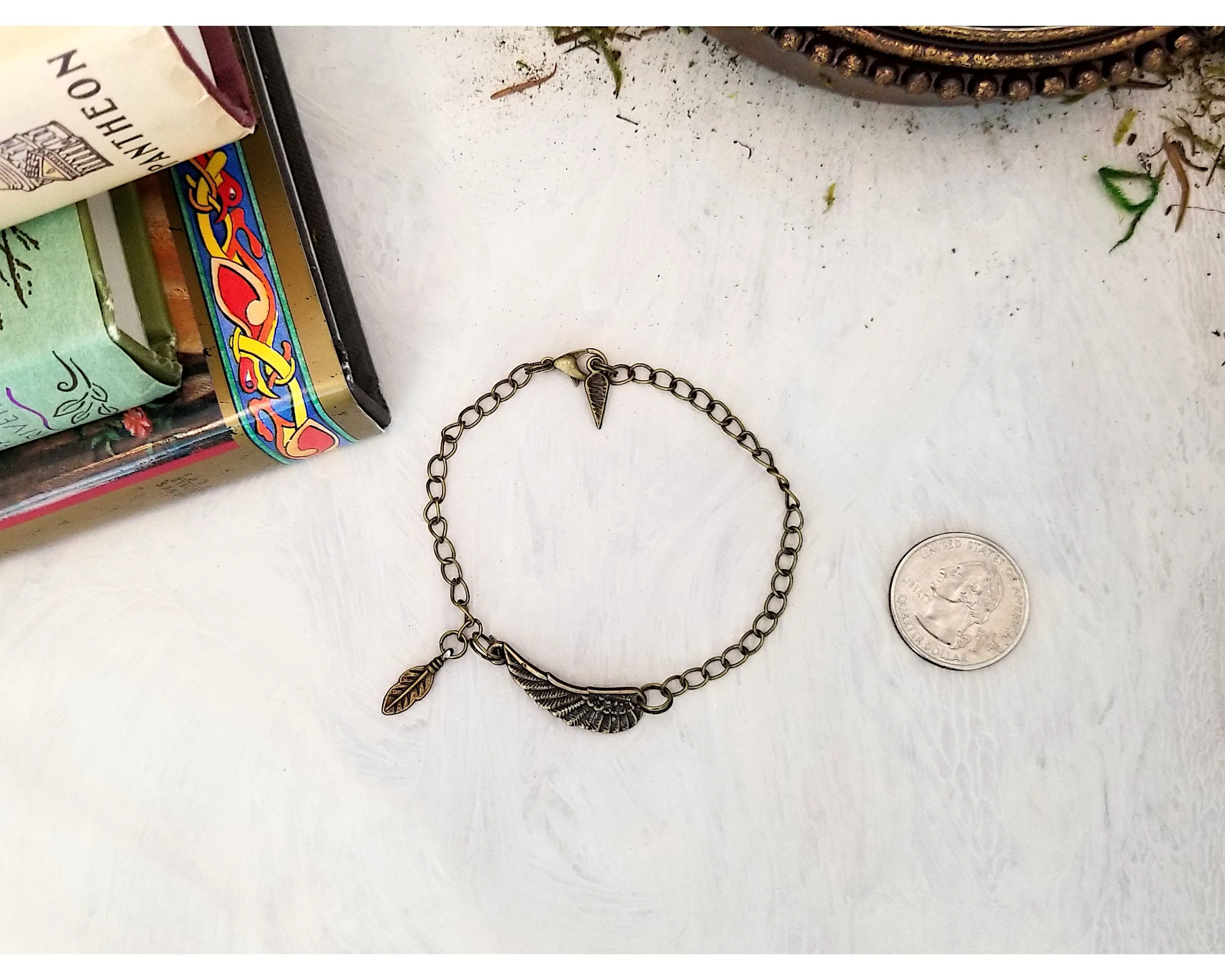 Simple Chain Choker, Bracelet or Anklet with Wing and Feather, Unisex, Choice of Colors, Lobster Clasp, Adjustable, Customized Length