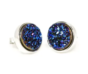 Small Round Blue Druzy Stud Earrings