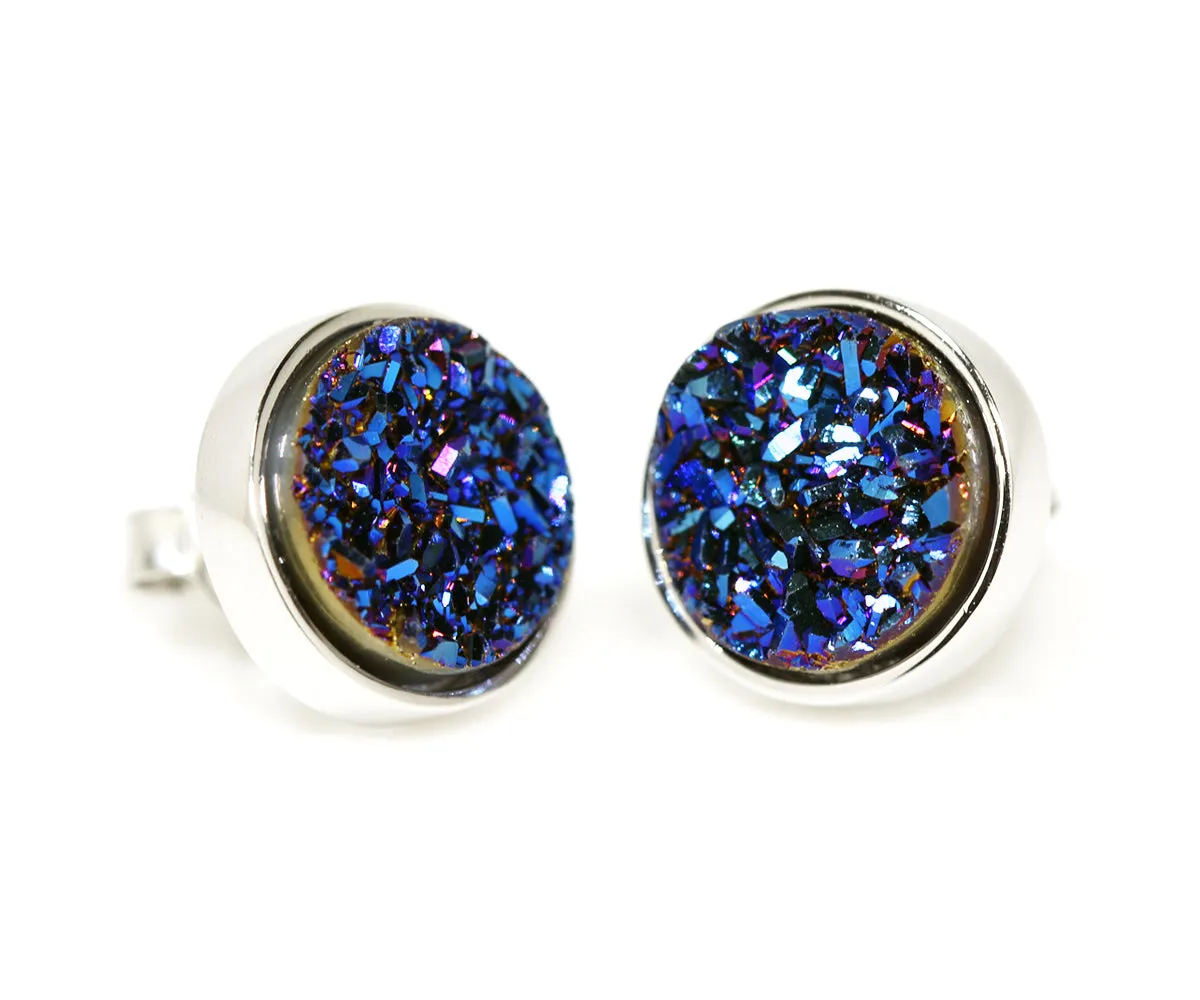 Small Round Blue Druzy Stud Earrings
