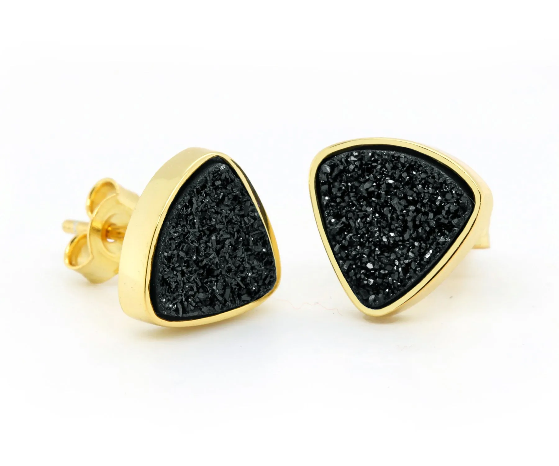 Small Triangle Black Druzy Gold Stud Earrings