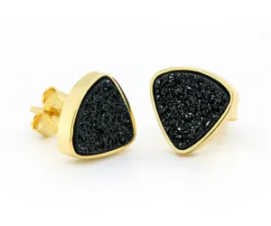 Small Triangle Black Druzy Gold Stud Earrings